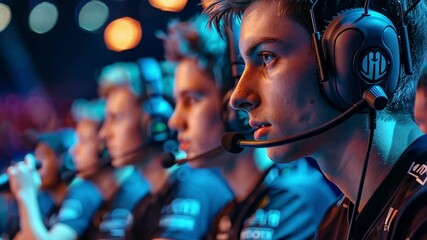 Poster - Several young gamers intensely focus on their screens in a vibrant esports arena, fully engaged in a competitive match, highlighting their skill and determination.