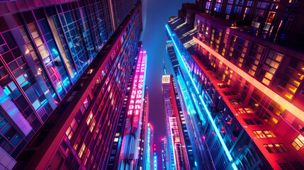 Wall Mural - Neon city skyscrapers at night. Colorful urban landscape with illuminated buildings. Modern architecture in vibrant colors.