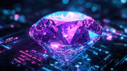 Poster - A vibrant purple diamond sits atop a futuristic, neon-lit circuit board, symbolizing value, innovation, and technological advancement.