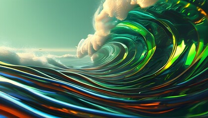 Wall Mural - Futuristic Abstract Background of Dynamic Green Wave Rendering Technology with 3D Dots and Fluid Innovations