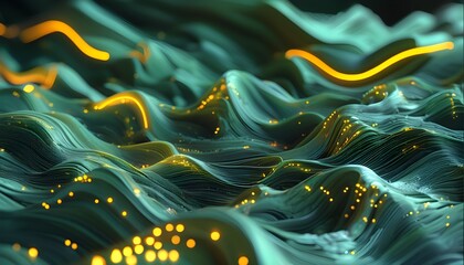 Wall Mural - Futuristic Abstract Background of Dynamic Green Wave Rendering Technology with 3D Dots and Fluid Innovations