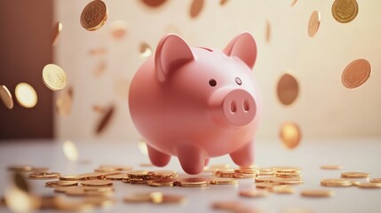 Wall Mural - A pink piggy bank sits on a pile of gold coins with more falling from the sky.