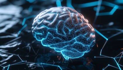 A futuristic digital brain with neon blue connections, highlighting the power of neural networks and artificial intelligence.