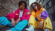 © The Little Hut - Retro street style 90s inspired fashion Young people friends wearing colorful tracksuits sunglasses shoes and accessories sitting outdoor Concept of 90s fashion youth culture oldstyle  : Generative AI