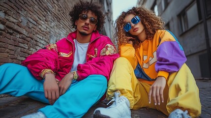 Wall Mural - Retro street style 90s inspired fashion Young people friends wearing colorful tracksuits sunglasses shoes and accessories sitting outdoor Concept of 90s fashion youth culture oldstyle  : Generative AI