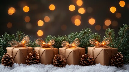 Wall Mural - Christmas Gift Box, Fir Branches And Pine cones, On Snow With Christmas Lights