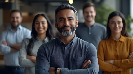 Poster - Multicultural group of business people in a modern office standing together and smiling at the camera They represent a successful startup company with a friendly and creative work envi : Generative AI