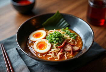 A refined bowl of ramen in an elegant restaurant, ideal for menu display.