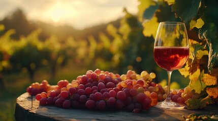 Ripe grapes and delicious wine on a table in a vineyard