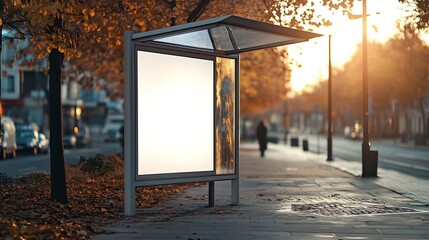 Aufkleber - bus shelter at busstop blank white lightbox empty billboard bus shelter ad glass and aluminum structure transit station urban setting city street background stone sidewalk base for moc : Generative AI