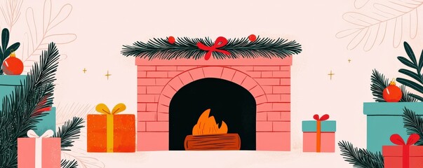 Wall Mural - A cozy Christmas fireplace adorned with festive decorations, surrounded by colorful gift boxes and greenery, Christmas concept.