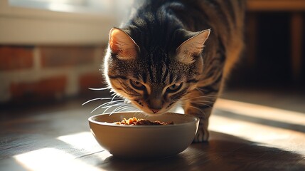 Poster - Domestic tabby cat approaches a bowl of food bright sunlight falls on the floor and on the cat High quality photo : Generative AI