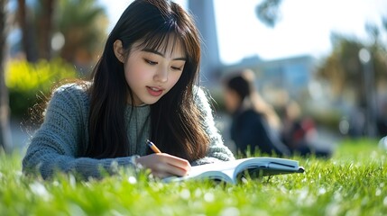 concentrate asian korean female international student reviewing notes for test on the lawn near hoover tower during her spring semester study tour at school university in California us : Generative AI