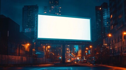 Poster - Blank white billboard on city buildings background at night front view Mockup advertising concept : Generative AI