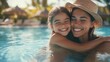 © The Little Hut - Mother and daughter laugh by luxury resort pool in tropics Family enjoy sunny vacation swimwear fashion quality time together Mom hugs girl tropical holiday relax leisure lifestyle hap : Generative AI