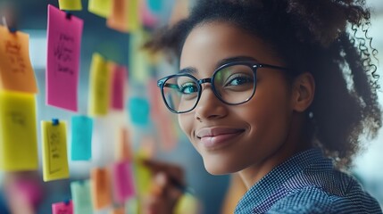 Group of marketing professionals having a meeting Creative business team brainstorming with sticky notes Happy business people putting their ideas together as they plan a project : Generative AI