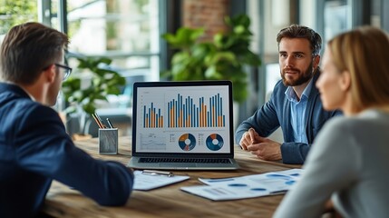 Aufkleber - Group of business people meeting about business plans Presenting and explaining financial charts of partners from papers graphs and data on laptop computer at office : Generative AI