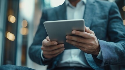 Fototapete - Business thinking and man with tablet ideas or opportunity with decision choice or laptop Person financial advisor or employee with tech thoughts or problem solving with solution or di : Generative AI
