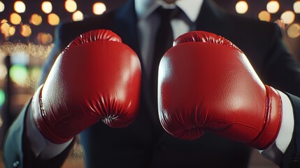 Wall Mural - Close-up of a person in a suit with red boxing gloves, set against a vibrant light background. Represents strength, power, and business competition.