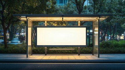 Aufkleber - bus shelter at busstop blank white lightbox empty billboard bus shelter ad glass and aluminum structure transit station urban setting city street background stone sidewalk base for moc : Generative AI
