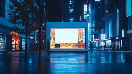Poster - Blank mock up of store street showcase window in a city at night : Generative AI