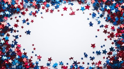 Public holiday in USA concept High angle view photo of empty space surrounded by red white and blue starshaped confetti on white isolated background with copyspace : Generative AI