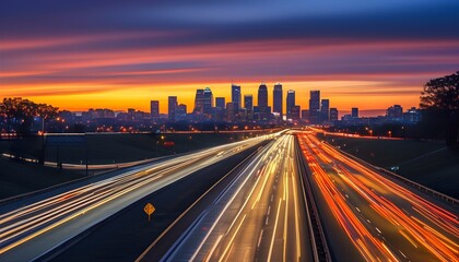 Wall Mural - Vibrant dusk highway scene with glowing cars and city skyline, capturing the essence of motion and urban life.