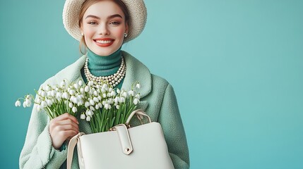 Fashionable happy smiling woman wearing beret elegant green coat turtleneck layered pearl necklace holding trendy white leather purse  with spring bouquet of snowdrops posing on blue b : Generative AI