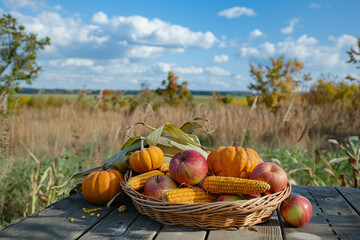 Wall Mural - Thanksgiving conceptual photo banner autumn harvest feast family gathering celebration, Generative AI