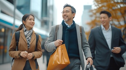 Canvas Print - Business people group and conversation in city on walk for commute to workplace with questions by buildings Men woman and employees with bag outdoor and discussion for travel on metro  : Generative AI