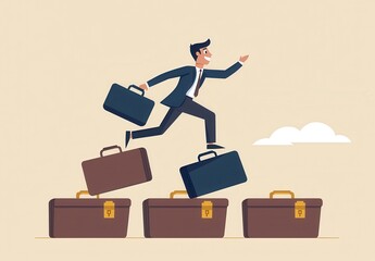 A determined businessman leaps over briefcases, symbolizing ambition and the pursuit of success in a professional environment.