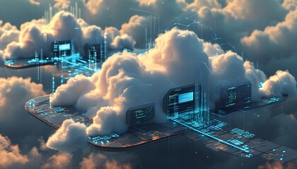 Wall Mural - Futuristic cloud technology illustration highlighting digital connections and showcasing innovative data storage and connectivity concepts.