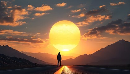 Wall Mural - Solitary figure on a road against a stunning sunset between mountains, capturing a moment of reflection and peace