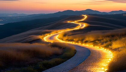 Serene twilight landscape featuring a winding path illuminated by golden light leading toward a radiant destination