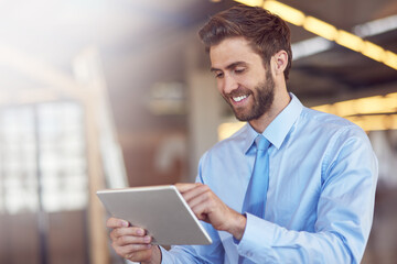 Poster - Smile, business man and tablet for reading email, profit update or notification for budget report. Digital technology, work and scroll app for communication, research or salesman check news in office