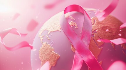 Breast cancer awareness ribbon on magical pink background with sparkles and copy space