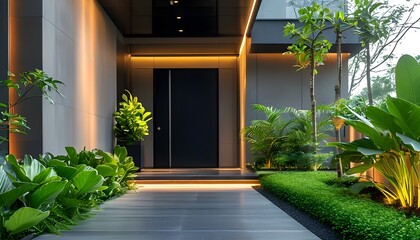 Wall Mural - Contemporary entryway showcasing a sleek black door, minimalist aesthetics, and chic greenery for a welcoming atmosphere