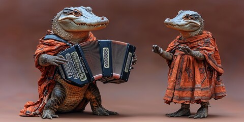 Two Alligators Playing Accordion in Vibrant Costumes