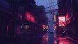 © Derry - A moody urban alley scene illuminated by neon lights in the rain.