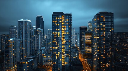 Poster - Skyscrapers Cityscape Downtown Seattle Skyline Buildings Beautiful Real Estate night time Empty rooftop View Success concept : Generative AI