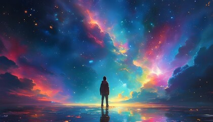 Wall Mural - Contemplative silhouette in awe of a vibrant cosmic landscape with colorful nebulae and sparkling stars