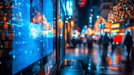 Poster - Blank mock up of store street showcase window in a city at night : Generative AI
