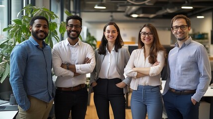 Aufkleber - Multicultural group of business people in a modern office standing together and smiling at the camera They represent a successful startup company with a friendly and creative work envi : Generative AI