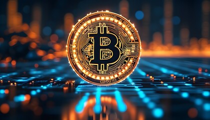 Glowing Bitcoin Coins Symbolizing Cryptocurrency Investment and Digital Finance Technology