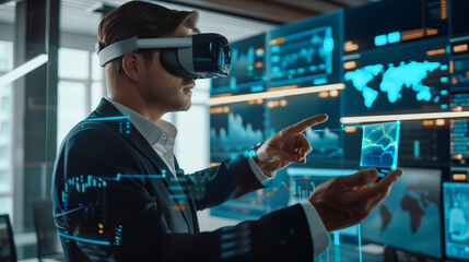 Poster - businessman using virtual reality technology for online trading in modern office, online digital bus