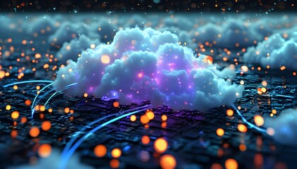 Wall Mural - Digital clouds illuminated by glowing connections, symbolizing advancements in cloud computing and technological innovation