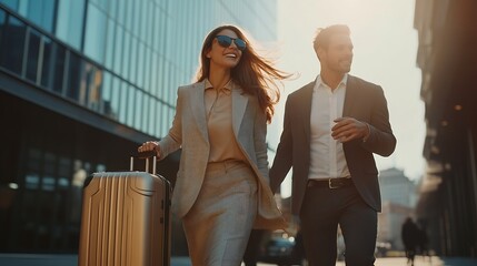 Canvas Print - Business people team walking and travel with suitcase in city for corporate job opportunity and networking Professional woman and men talking at outdoor hotel or on the way to airport  : Generative AI