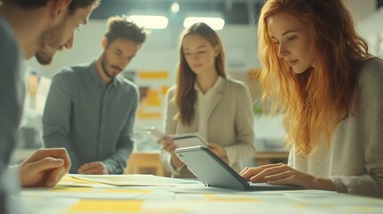 Leinwandbilder - Design project management and tablet with team of business people in creative workplace together Collaboration planning or technology with man and woman designer group in office for di : Generative AI