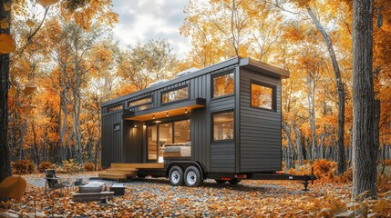 Wall Mural - a sleek, modern tiny home on wheels with james hardie siding, set in a vibrant autumn forest, combin