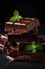 Wall Mural - A close up studio shot of stack of pieces of a dark chocolate bar decorated with fresh green mint leaves on black background. Delicious sweet dessert food photography illustration.